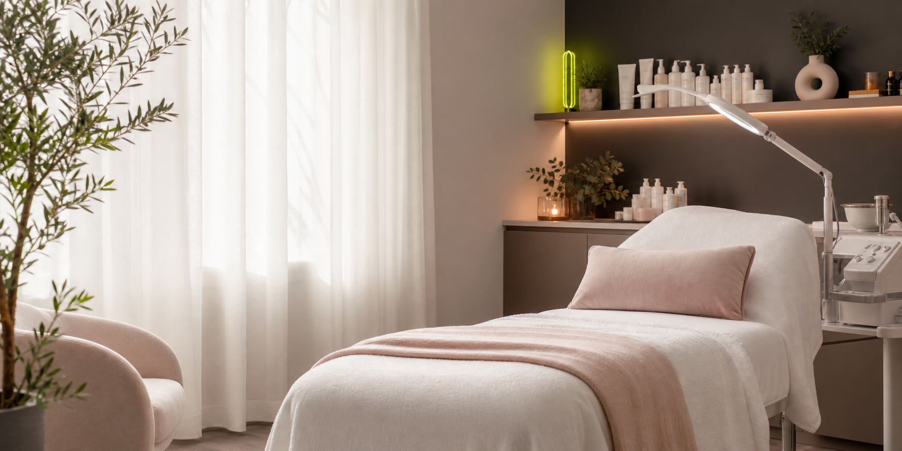 A clean esthetician treatment room prepared for a facial