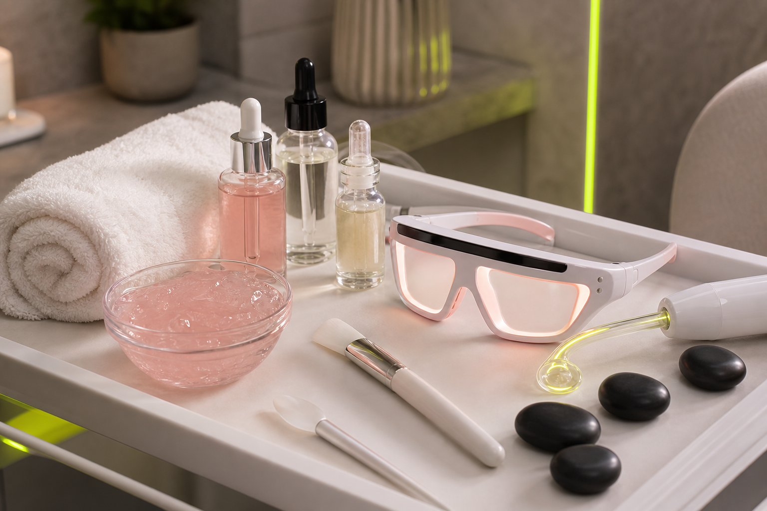 Skincare tools, towels, stones, and facial products on a tray